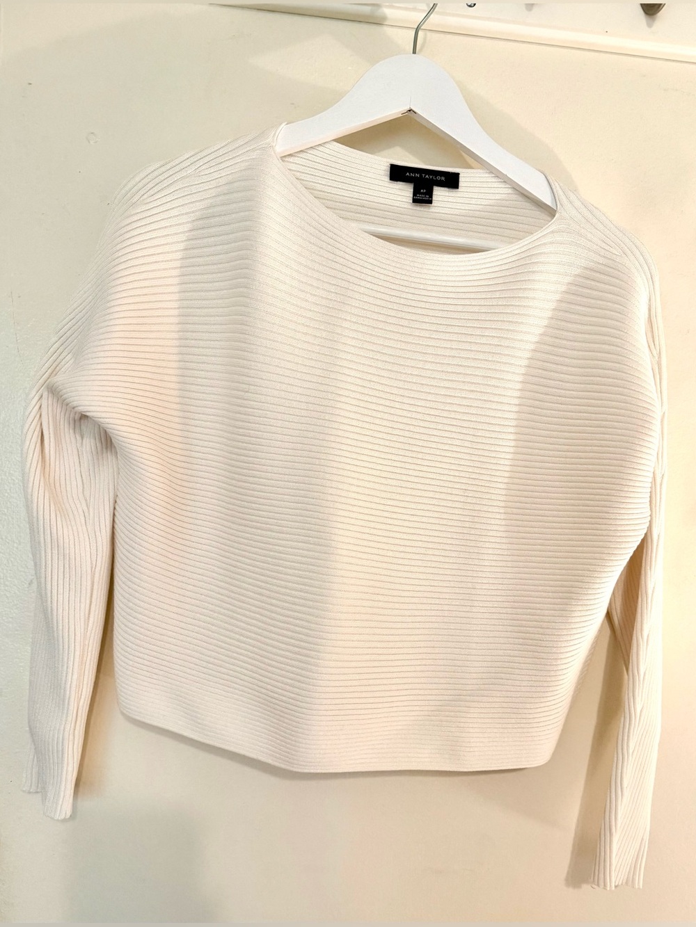 Like New: Ann Taylor Cream Ribbed Knit Boatneck Sweater, cropped fit (MP)